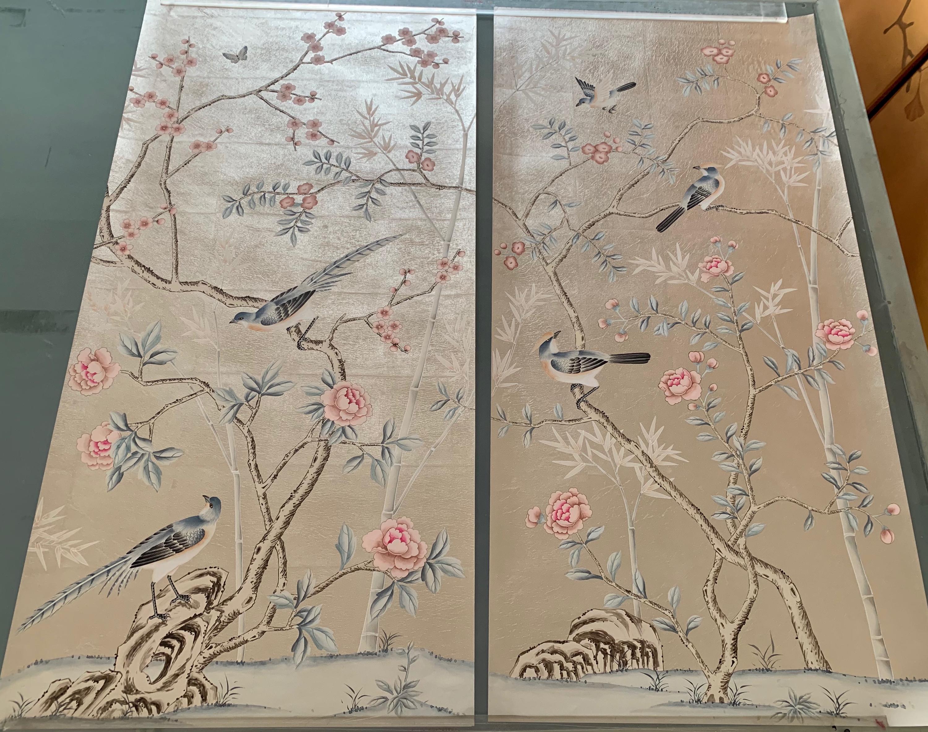 26" by 53" Chinoiserie Handpainted Artwork on Champagne Metallic Leaf ML-17