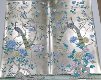 30&quot; x 58&quot;: Chinoiserie Handpainted Peacock on Champagne Metallic Leaf ML-19