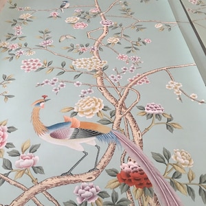 G-005 Grand View Garden Chinoiserie Handpainted Wallpaper on Duckegg Blue Silk