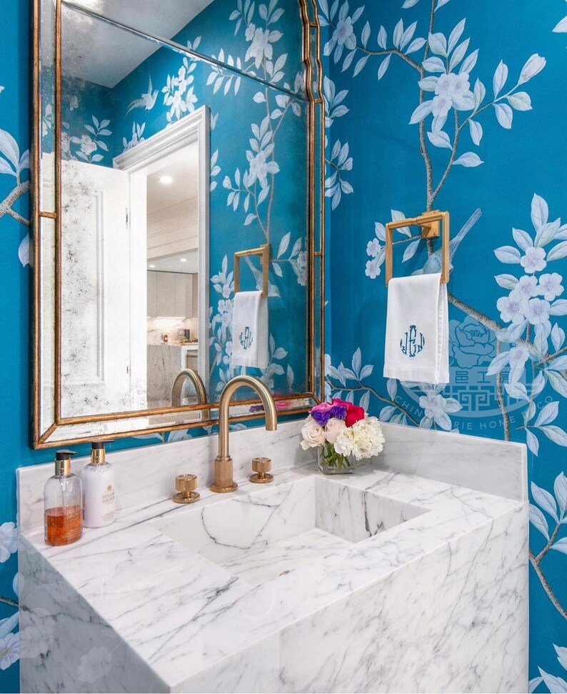 Chinoiserie Handpainted Wallpaper on Custom Blue Paper | Botanical ...