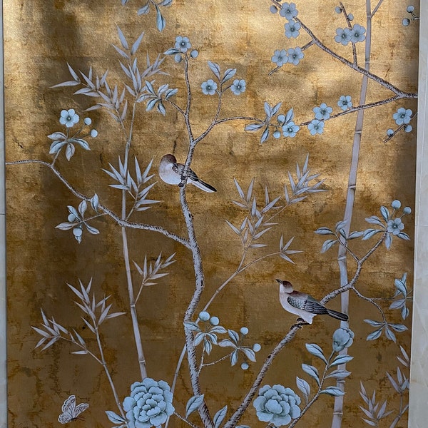 Reserved for jensinclair: Custom Project for Chinoiserie Handpainted Wallpaper on Gold Gilded Silk with Antique Finish