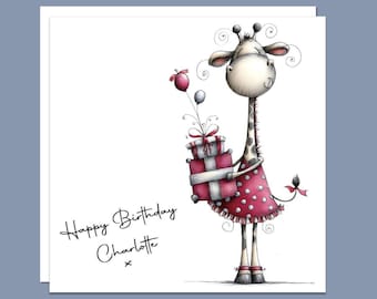 Happy Birthday funny Giraffe Greeting Card. Can be personalised, handmade unique card for him, card for her, kids Birthday Card.
