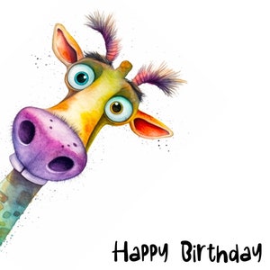 May include: A watercolor illustration of a colorful giraffe peeking around a corner with the text "Happy Birthday" below.