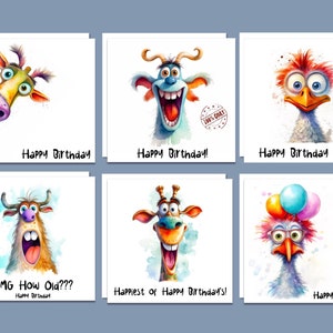 May include: Six humorous birthday cards featuring cartoon animals with colorful watercolor backgrounds. The animals include a giraffe, a goat, a chick, a bull, a giraffe, and a chick. The cards have various messages, including "Happy Birthday", "Happy Birthday Chick", "OMG How Old???", "Happiest of Happy Birthday's!" and "Happy Birthday".