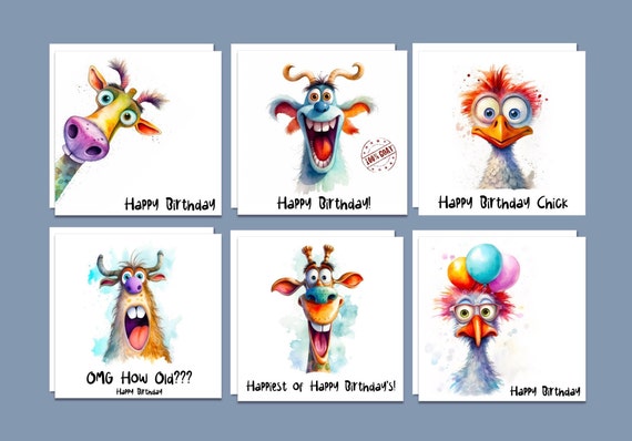 Pack of six funny animal Birthday Cards, Unique Handmade Birthday Card Pack uk