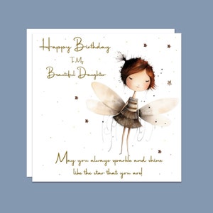 Feliz cumpleaños, hermosa hija. Tarjeta de felicitación única, personalizada y hecha a mano con un toque de hada.