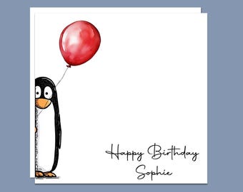 Happy Birthday Funny Peeking Penguin Greeting Card, Personalised, handmade unique Penguin card, kids Birthday, card for him, card for her.
