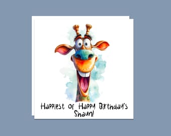 Happy Birthday Funny Giraffe Greeting Card. Can be personalised, handmade unique Giraffe card, kids Birthday, card for him, card for her.