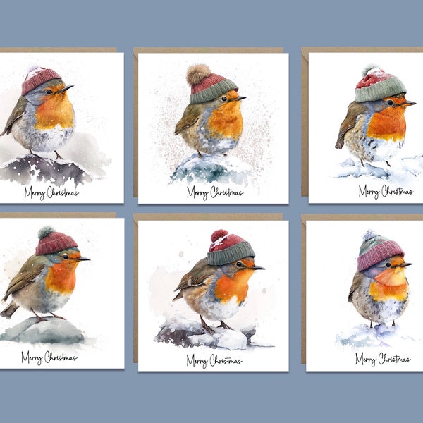 Pack of six or twelve cute Robins in snow Christmas cards, Unique Handmade Xmas Card Pack uk