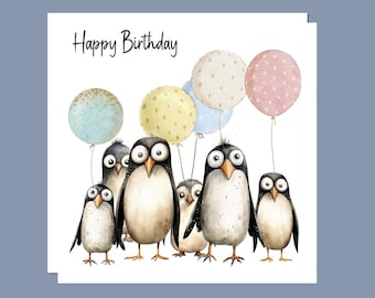 Happy Birthday Personalised Cute Penguin Greeting Card. Handmade unique Penguin card, kids Birthday, card for him, card for her.