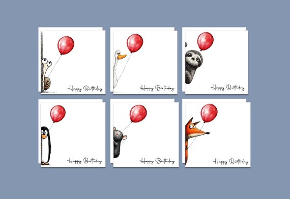 Pack of six funny peeking animal Birthday Cards, Unique Handmade Birthday Card Pack uk
