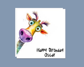 Happy Birthday Funny Giraffe Greeting Card. Can be personalised, handmade unique Giraffe card, kids Birthday, card for him, card for her.