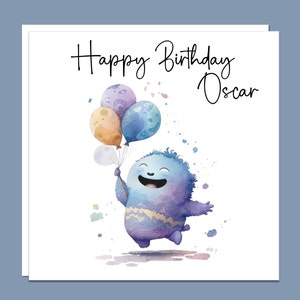 Happy Birthday Purple monster Greeting Card. Can be personalised, handmade unique card for him, card for her, kids Birthday Card.