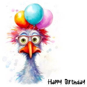 May include: A cartoon bird with red and pink feathers wearing glasses and a blue, orange, and pink balloon hat. The bird has a surprised expression and the text "Happy Birthday" is written below the bird.