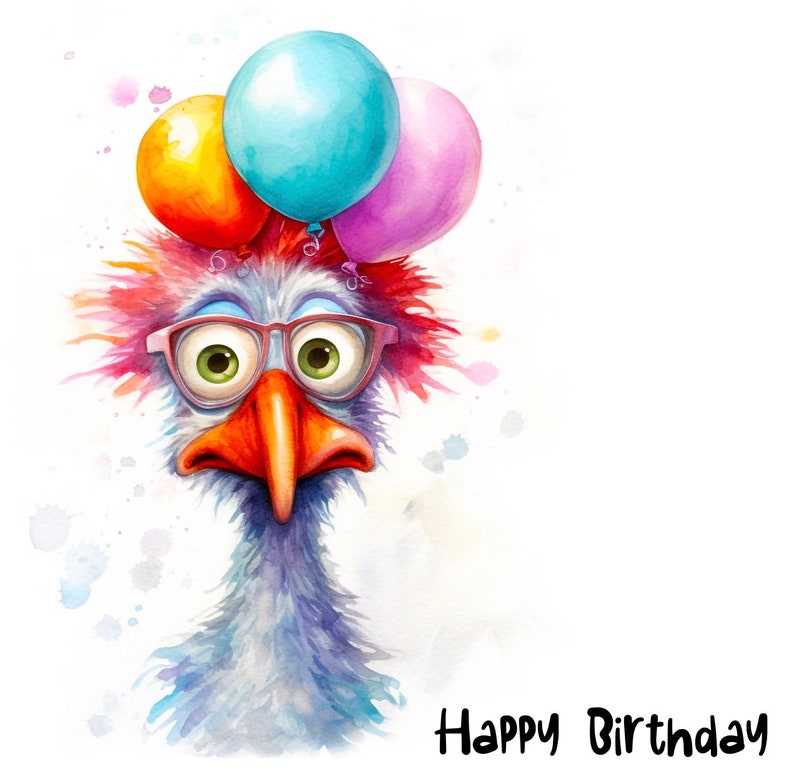 May include: A cartoon bird with red and pink feathers wearing glasses and a blue, orange, and pink balloon hat. The bird has a surprised expression and the text "Happy Birthday" is written below the bird.