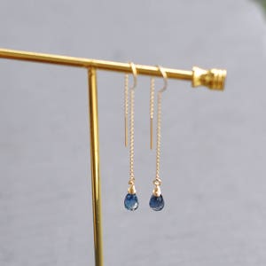 Teardrop Topaz London Blue Topaz Earrings 14K Gold Wire Wrap Thread Dangle Gemstone Earrings Gift for Her