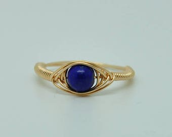 Lapis Lazuli Ring Wire Wrap Solitaire Ring Gold Lapis Ring for Men, Birthstone Ring Gift for Men Rings for Boyfriend.