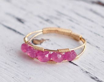 Stackable Birthstone Rings July Birthstone Ring Genuine Pink Ruby Rings Gold Wire Wrap Natural Ruby Ring.