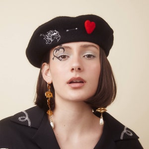 Cupid's Arrow Beret - Heart Beret, Angels Love Heart Embroidery Hat, Valentines Gift for Her, Cute Vintage Style Beret Y2K Goth Punk Beret