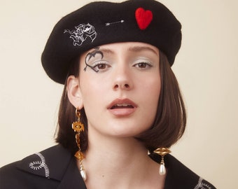 Cupid's Arrow Beret - Heart Beret, Angels Love Heart Embroidery Hat, Valentines Gift for Her, Cute Vintage Style Beret Y2K Goth Punk Beret