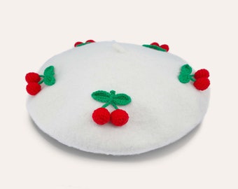 Gehäkelte Kirsche Beret - Süßer Lolita Beret Hut, Kawaii weiße Beret Harajuku mit Frucht, Lolita Accessoires Hut für Frauen, süßes Geschenk für Sie