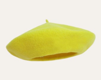 Lemon Yellow Beret - Australian Wool Beret Hat in Classic French Beret Style, Bright Yellow, Citron, Fluro Yellow or Neon Yellow Plain Beret