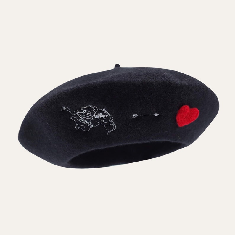 Cupid's Arrow Beret Heart Beret, Angels Love Heart Embroidery Hat, Valentines Gift for Her, Cute Vintage Style Beret Y2K Goth Punk Beret image 2