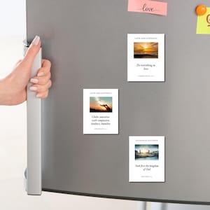 Peut inclure: Une porte de réfrigérateur argentée avec plusieurs aimants rectangulaires. Les aimants présentent des images de couchers de soleil et des citations inspirantes. Un post-it rose avec le mot "love" est au-dessus des aimants.