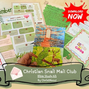 May include: A Christian Snail Mail Club Bible study kit featuring printed sheets with reflection questions, a letter, and a colourful illustration of a green parrot and a deer near a glowing archway. Includes a card with the text GOD IS GOOD.