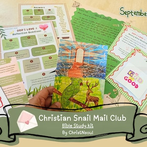 May include: A Christian Snail Mail Club Bible study kit featuring printed sheets with reflection questions, weekly Bible readings, and notes. The materials include a colorful illustration of a green parrot and a deer near a glowing arched doorway.