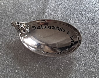 Thalassophile - lover of the sea, handstamped message onto a vintage spoon jewellery/ring dish with an anchor charm.