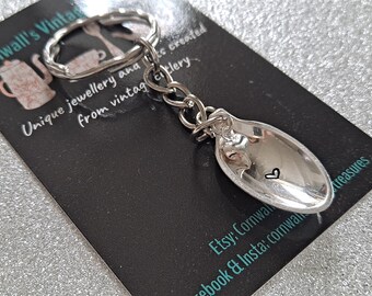 Heart print, handmade, handstamped vintage sugar tong keyring.