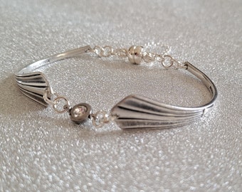 Vintage cutlery bracelet with diamanté connector, safety chain and magnetic clasp.