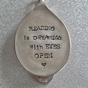 Reading is dreaming with eyes open handstamped vintage spoon bookmark image 4