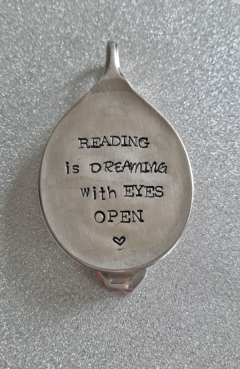 Reading is dreaming with eyes open handstamped vintage spoon bookmark image 4