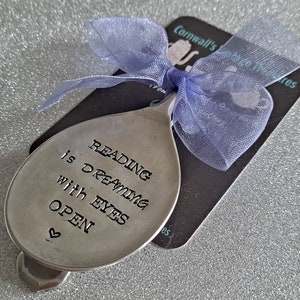 Reading is dreaming with eyes open handstamped vintage spoon bookmark image 3