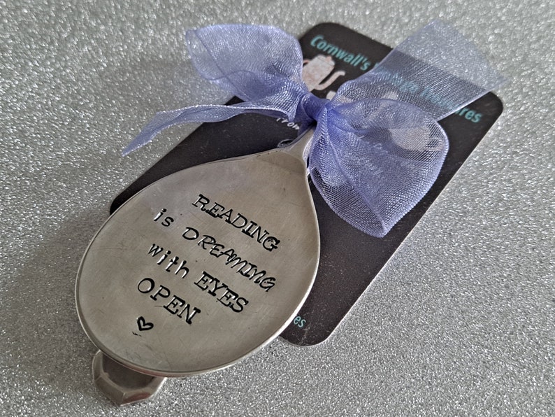 Reading is dreaming with eyes open handstamped vintage spoon bookmark image 3