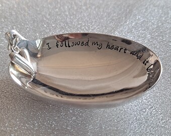 I followed my heart and it led me to the sea, handstamped message onto a vintage spoon jewellery/ring dish with heart charm.