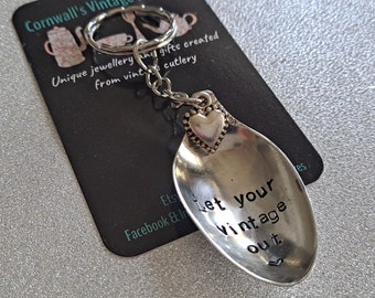 Let your vintage out, handmade, handstamped vintage sugar tong keyring.