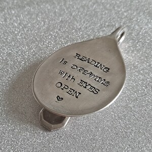 Reading is dreaming with eyes open handstamped vintage spoon bookmark image 5