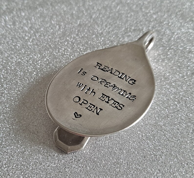 Reading is dreaming with eyes open handstamped vintage spoon bookmark image 5