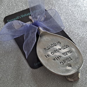 Reading is dreaming with eyes open handstamped vintage spoon bookmark image 1