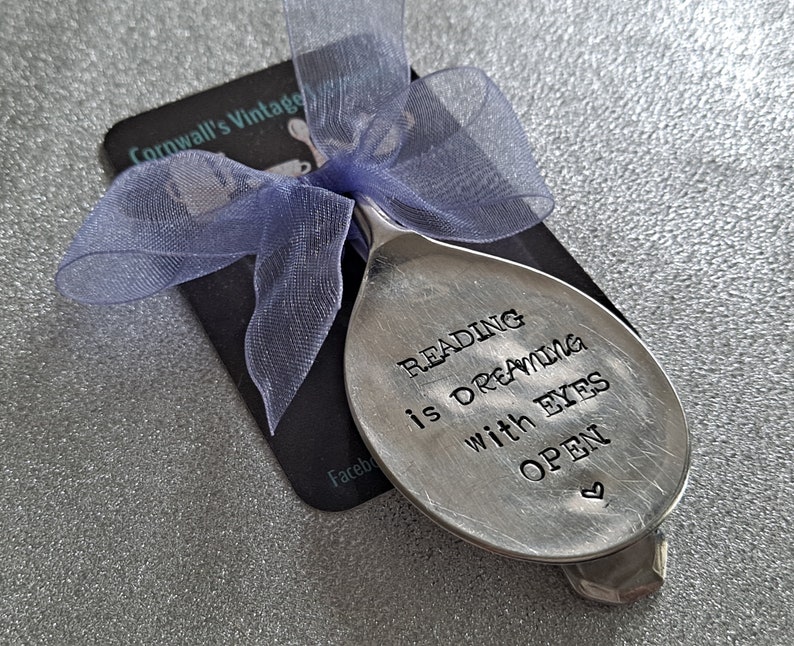 Reading is dreaming with eyes open handstamped vintage spoon bookmark image 1