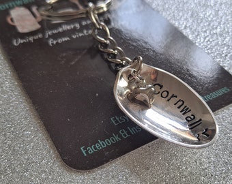 Cornwall, handmade, handstamped vintage spoon keyring.