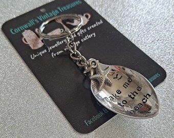 Take me to the beach, handmade, handstamped vintage spoon keyring.