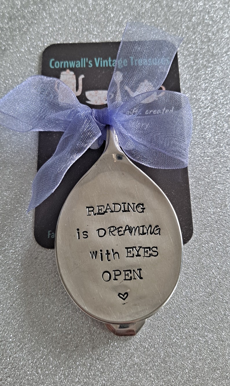 Reading is dreaming with eyes open handstamped vintage spoon bookmark image 2