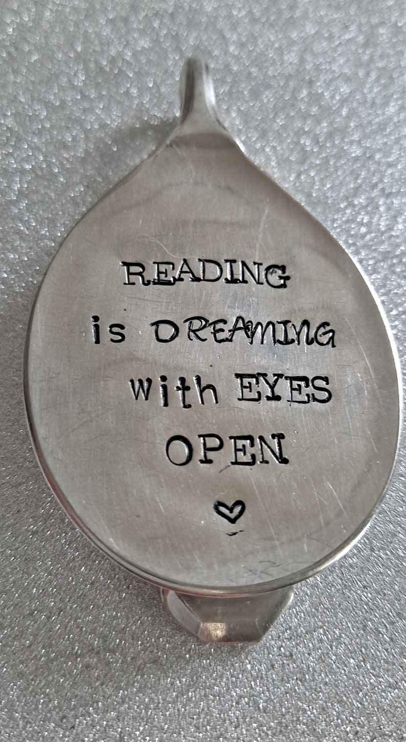 Reading is dreaming with eyes open handstamped vintage spoon bookmark image 6