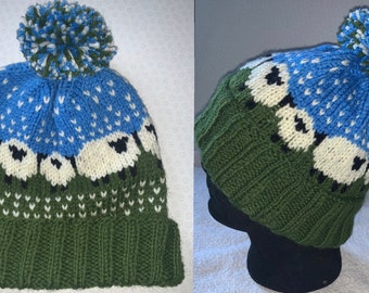 Dark Green and blue hand knitted sheep hat
