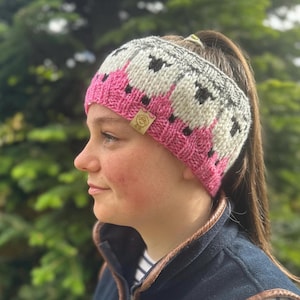 Bright pink and grey hand knitted sheep headband