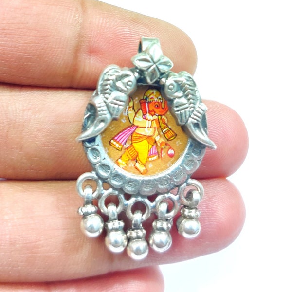 925 Sterling Silver Handmade | Hand-Painted Lord Ganesha Miniature Painting Pendant With Hanging Bells | Indian Jewelry | Ganesha Jewelry.